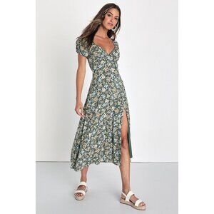 Lulus Meadow Muse Green Floral Tie-back Puff Sleeve Midi Dress - Size M